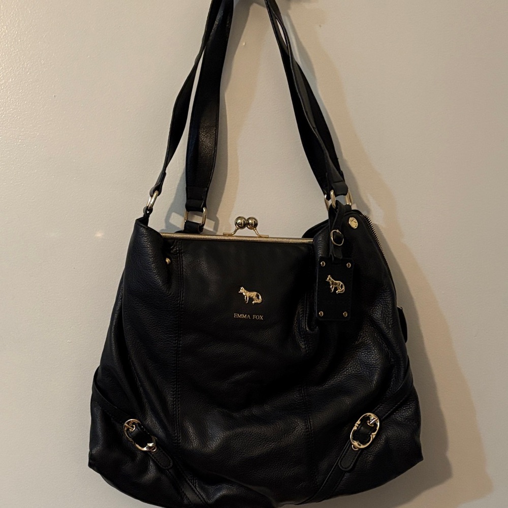 Emma Fox Black Leather Shoulder Bag with Gold Accents